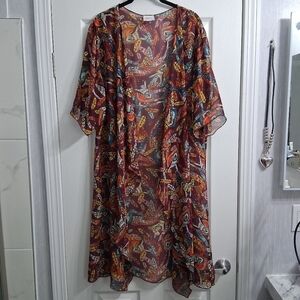 Owls & Feathers Long Kimono Duster Autumn Fall Colors Lightweight